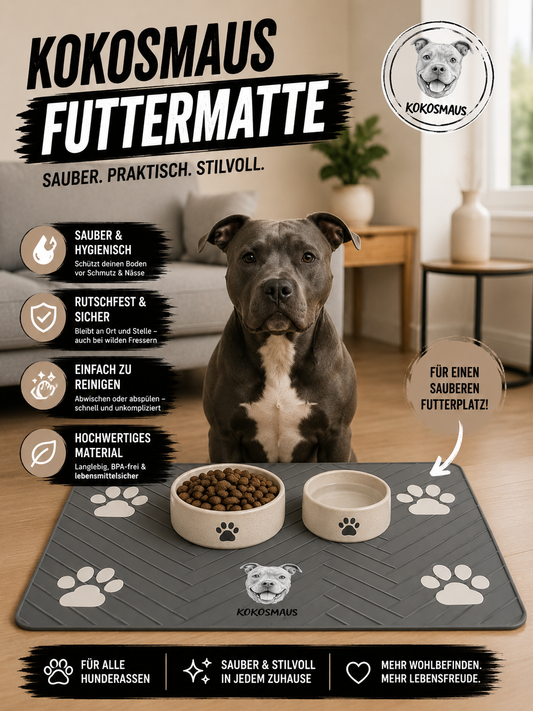 Kokosmaus Rutschfeste Futtermatte für Haustiere.Stylisch. Praktisch. Pflegeleicht.